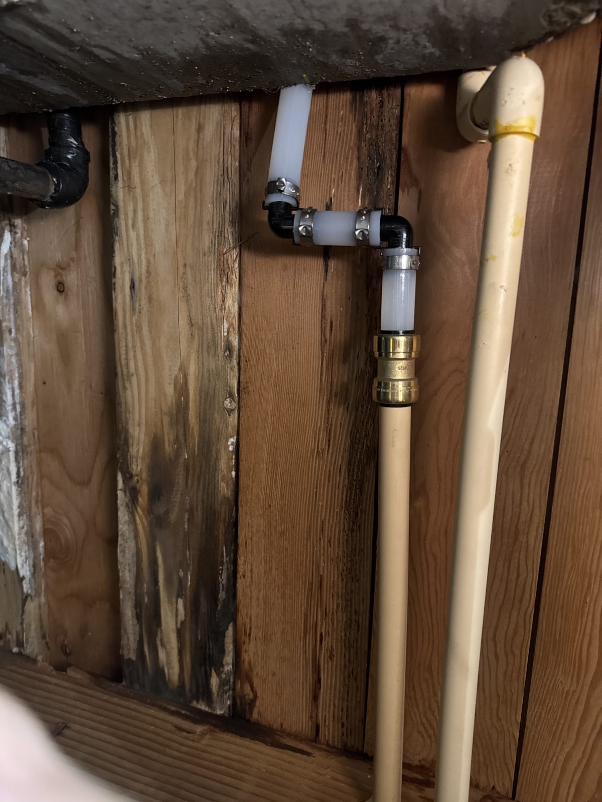 CPVC transitioning to flexible tubing with push-to-connect brass fitting in a crawlspace, with water-stained subfloor behind