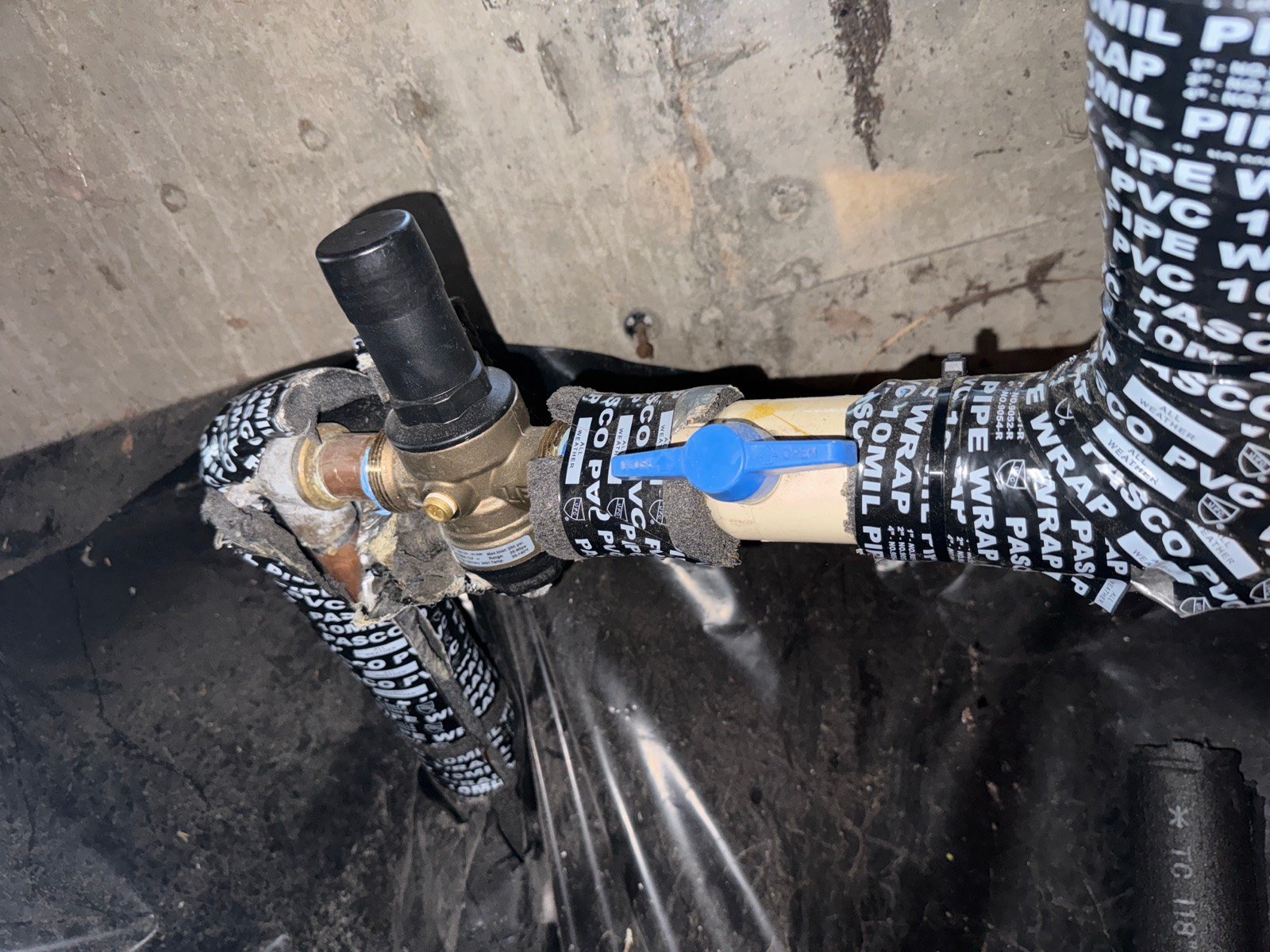Close-up of the pressure-reducing valve and main shutoff ball valve on a Portland-area home's water service