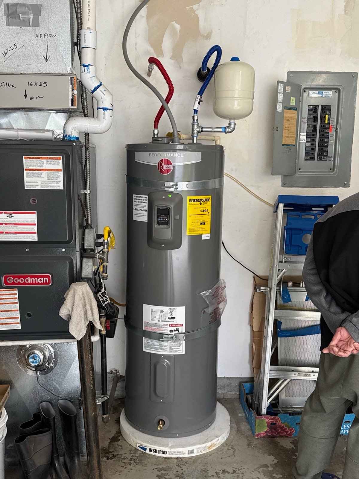 New Rheem Performance electric water heater installed in Sellwood Portland with expansion tank and braided connectors